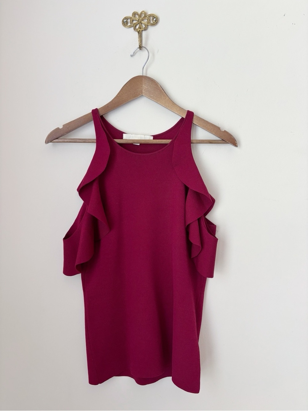 Jonathan Simkhai Burgundy Hanging Ruffle Open Shoulder Knit Top Medium